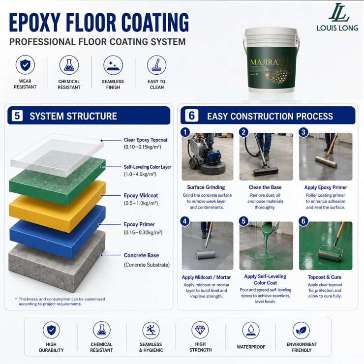 LOUIS LONG Industrial Epoxy Colored Sand Floor Coating High Hardness Anti-Slip Seamless Paint Liquid Roller Application